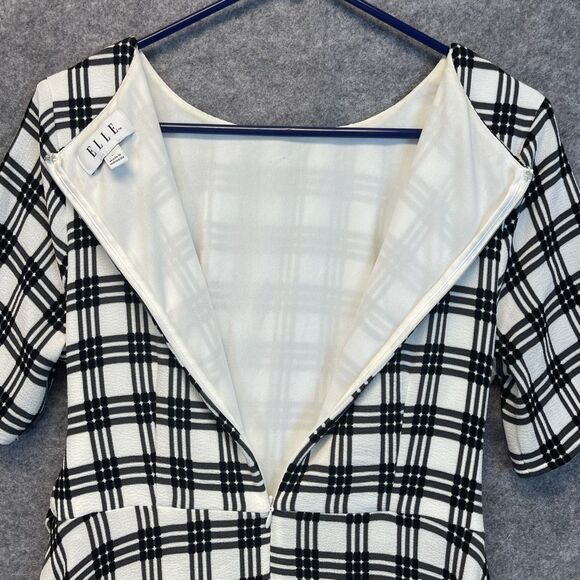 ELLE Black White Plaid Fit & Flare Dress Handkerchief Hem Size Large Zipper EUC - Picture 14 of 15